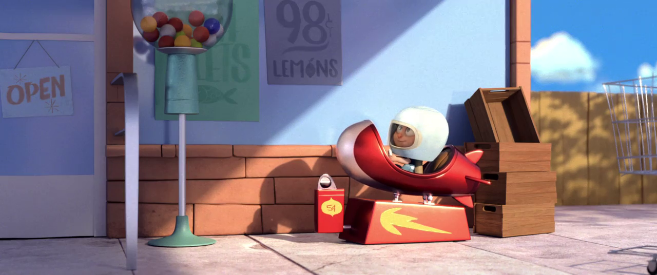 Screenshot of the short Coin Operated. Shows a young boy riding in a rocket ship-themed kiddie ride outside of a grocery store.